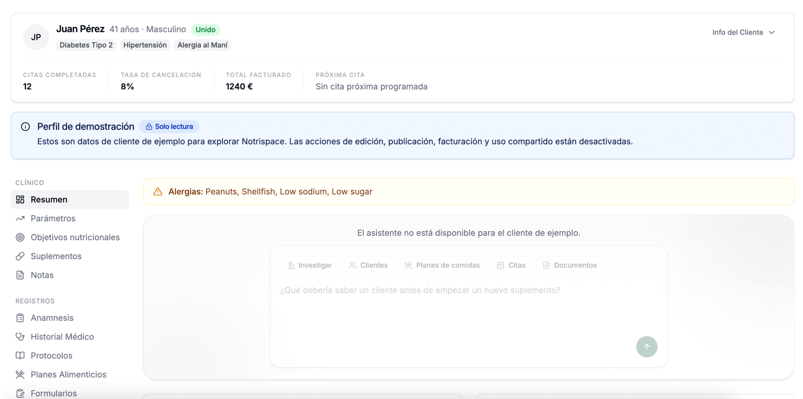 Ficha de paciente en el software de nutrición Notrispace